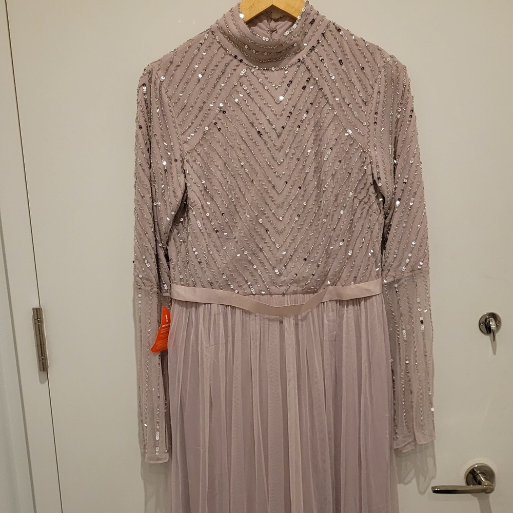Blush pink long sleeved bridesmaid dress